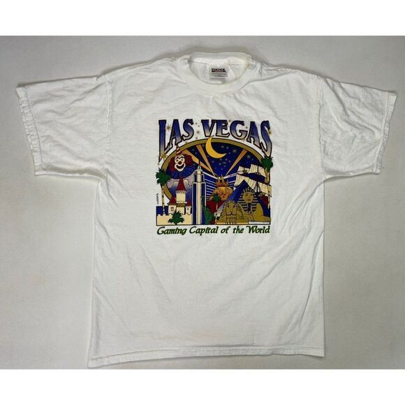 VINTAGE Las Vegas Gaming Capital Of The World Graphic T-shirt Men Large White - Picture 1 of 5